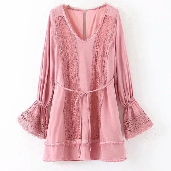 Pink Crochet Fringe Bell Sleeve Boho Gypsy Dress - Picture 3 of 11